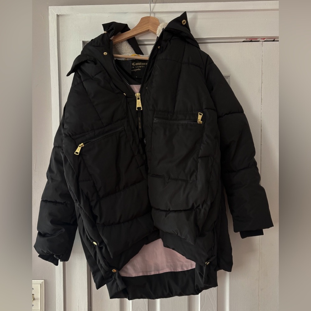 Juicy Couture Black Label Puffer Jacket Gold Details Snap Sides Small Like New